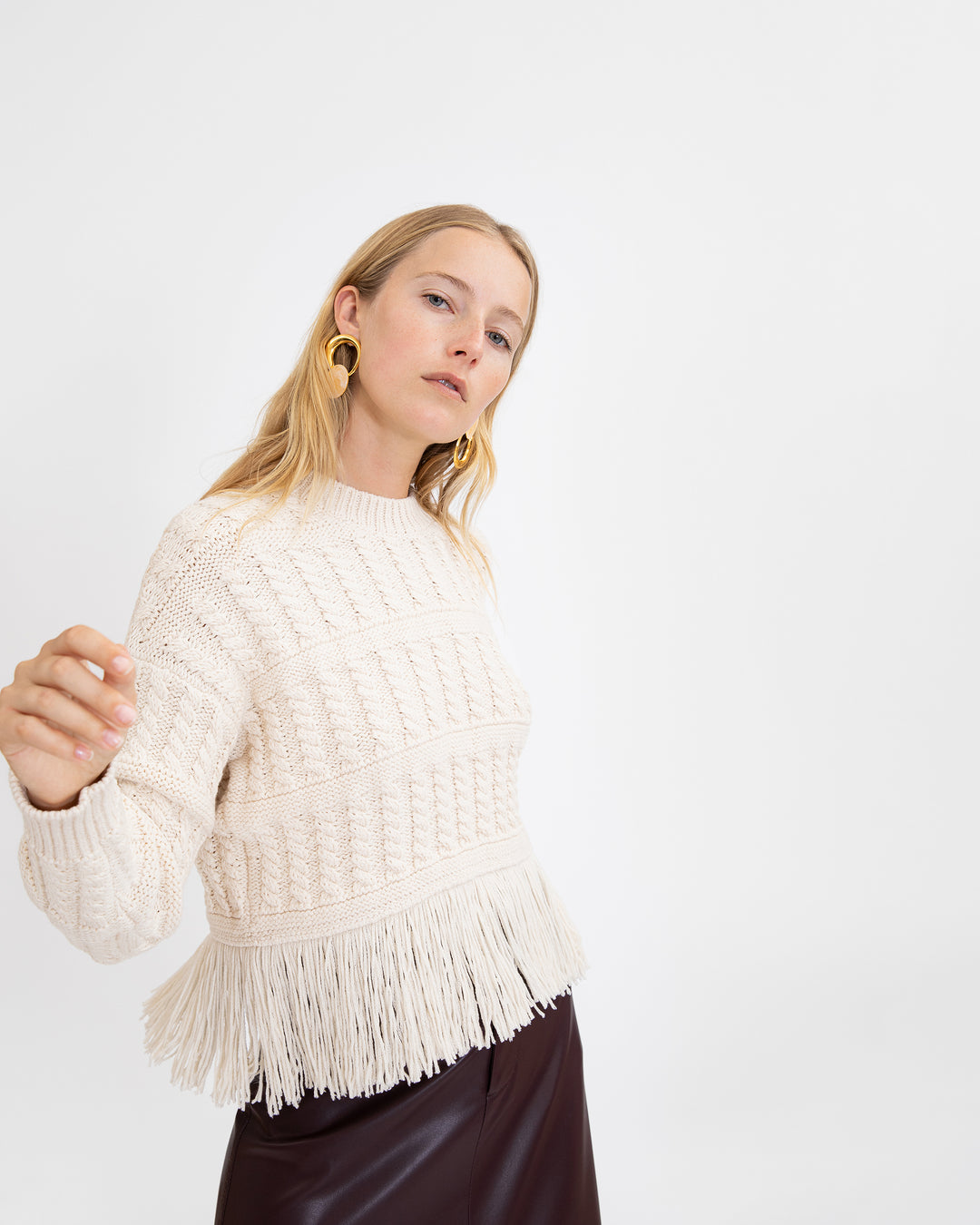 Buy Off White Wool Tanya Taylor Leather Accent Sweater